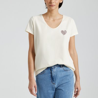 Heart Print Cotton T-Shirt with V-Neck PIECES