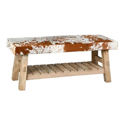 Banc avec étagère en bois recyclé et peau de vache AUBRY GASPARD