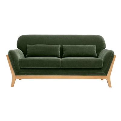 Canapé scandinave 2 places en tissu effet velours vert kaki et bois clair YOKO MILIBOO