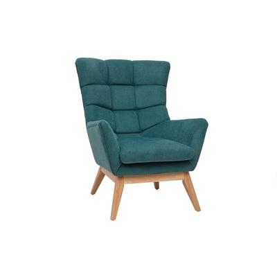 Fauteuil scandinave en tissu chenille bleu canard et bois clair BRODY MILIBOO