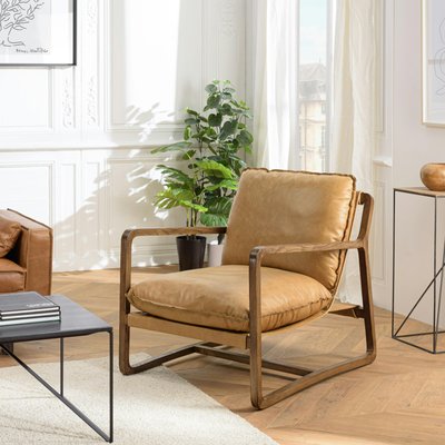 Fauteuil cuir beige et bois dos incliné PRESTON PIER IMPORT
