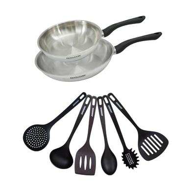 Set 2 poêles 24 et en inox et 6 ustensiles GENEVA FACKELMANN