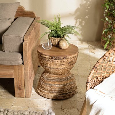 Bout de canapé rond chanvre tressé plateau bois recyclé 41 cm SWING PIER IMPORT