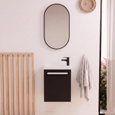 Ensemble lave-mains suspendu avec poignée métal, robinet noir et miroir ovale noir MOB IN