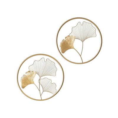 Set de 2 Décorations Murales Rondes Feuilles Gingko Métal Doré WADIGA