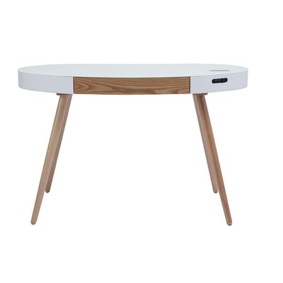 Bureau connecté multimédia verre blanc et bois clair L120 cm HANDY MILIBOO