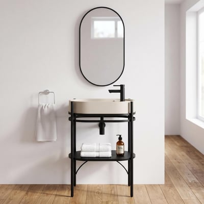 Meuble simple vasque sur pieds 55cm en métal noir et vasque béton et robinet noir et miroir MOB IN