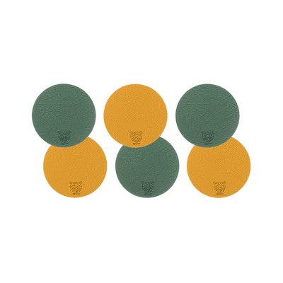 Sous-verre rond réversible - 6 pièces - Cuir recyclé jaune moutarde et vert sapin BJORN