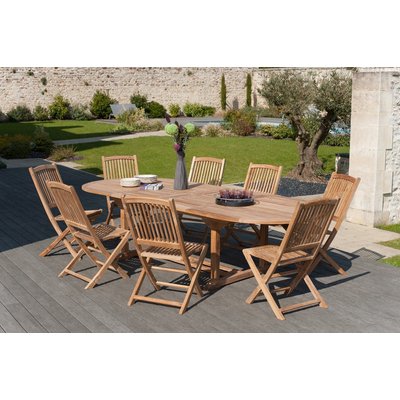 Salon de jardin table d'extérieur extensible ovale 200/300cm 8 chaises pliantes en bois de teck SUMMER PIER IMPORT