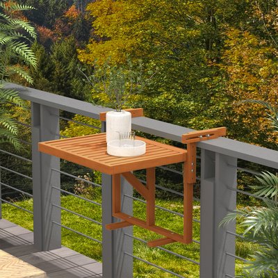Table de balcon suspendue hauteur réglable bois verni aspect teck OUTSUNNY