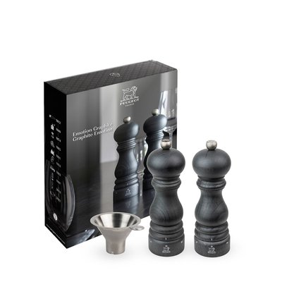 Duo de moulins à poivre et à sel Paris graphite u'Select 18 cm et entonnoir en inox en coffret cadeau Emotion Graphite PEUGEOT
