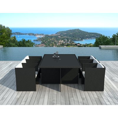 Ensemble de Repas ARGELES 7 pièces encastrables 175x115cm en résine tressée noire et coussins tissu blanc écru PIER IMPORT