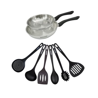 Set 2 poêles 20 et en inox et 6 ustensiles GENEVA FACKELMANN