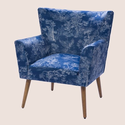 Fauteuil à accoudoirs en tissu peau de pêche bleu à motifs - HERON HELLIN, DEPUIS 1862