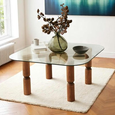 Table basse carrée en verre - pieds bois marron sculpté BOMA PIER IMPORT