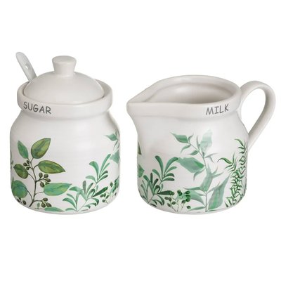 Sucrier + pot à lait en céramique blanche motif feuillage WADIGA