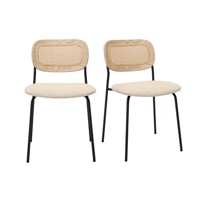 Chaises design en tissu effet velours texturé beige, métal noir et cannage rotin (lot de 2) MIRANDA MILIBOO