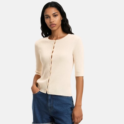 Pull col rond, en fine maille côtelée, laine et coton mélangés LA REDOUTE COLLECTIONS