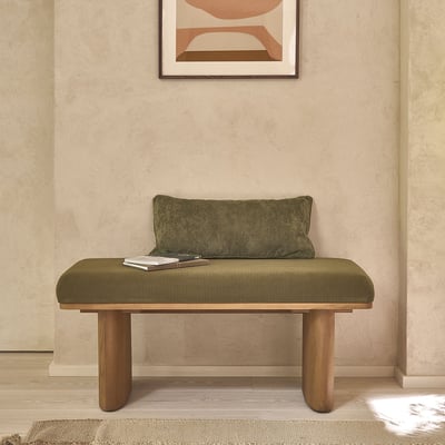 Banc en teck massif et tissu velours côtelé 100 cm  AMBRE BERAH GETAH