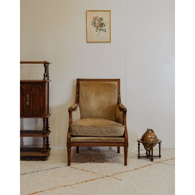 Fauteuil en bois et velours vert Ernest N°908 - Bon état DEBONGOUT