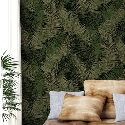 Papier peint exotique vert d'or HEXOA