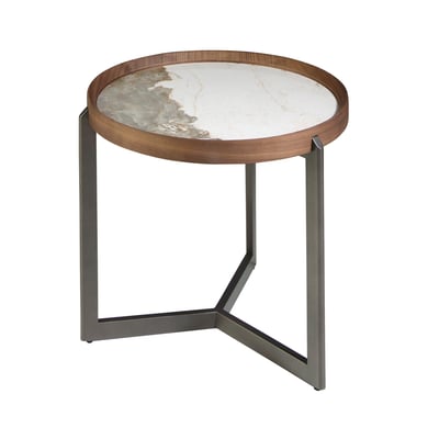 Table basse ronde en marbre porcelaine, noyer et acier métallique foncé ANGEL CERDA