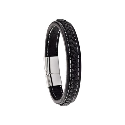 BATTUTA - Black leather bracelet, steel JOURDAN BIJOUX