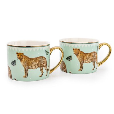 Set of 2 Leopard Gold Handle Mugs SO'HOME