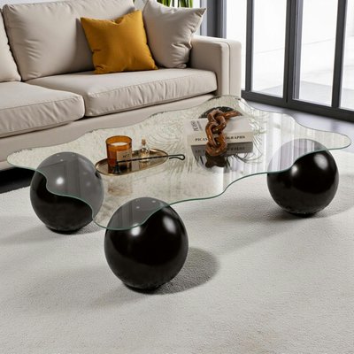 Table basse verre profil ondulé - 4 pieds boules noirs KOCHI PIER IMPORT
