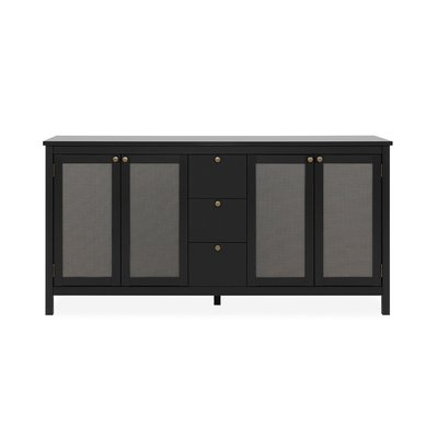 Buffet 4 portes et 3 tiroirs noir et cannage  L180 cm - KRAKOW CALICOSY