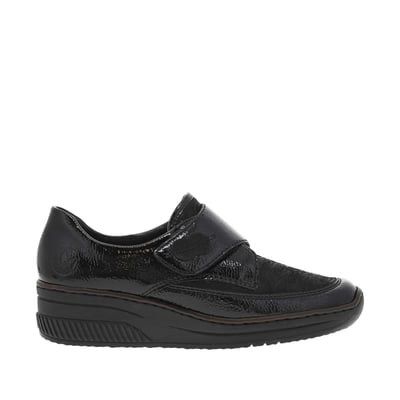 Sneakers noires vernies à talon compensé bas et à bande auto-agrippante RIEKER