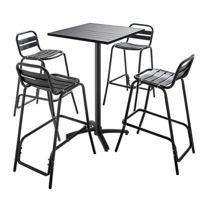 Table de jardin grise mange-debout et 4 chaises hautes en aluminium OVIALA