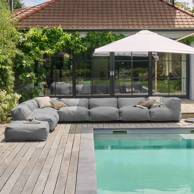 Canapé d'angle fixe modulable avec 5 chauffeuses, 2 angles et 1 pouf, MIXI OVIALA