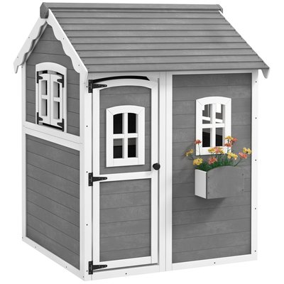 Cabane enfant de jardin - porte, fenêtres, jardinière, plancher - bois gris blanc OUTSUNNY