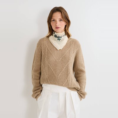 Pull col rond uni avec torsades, contenant de l'alpaga MONOPRIX