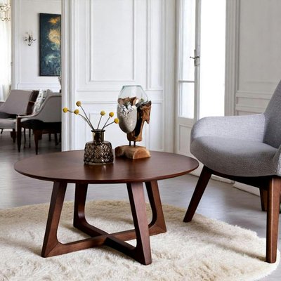Table basse ronde style vintage - pieds croisés, finition noyer LILLEHAMMER PIER IMPORT