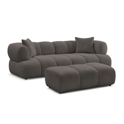 Canapé droit fixe 3 places en tissu bouclette avec pouf, PAMIRA BOBOCHIC
