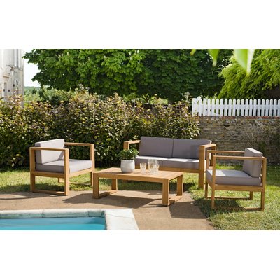 Salon de jardin en teck et coussins canapé 2 places + 2 fauteuils + 1 table basse SUMMER 4 places PIER IMPORT