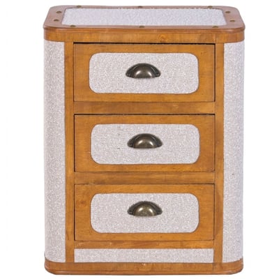 Table de chevet en bois et tissu beige 3 tiroirs 48x36x60cm WADIGA