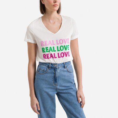 Slogan Print Cotton T-Shirt with Short Sleeves VERO MODA