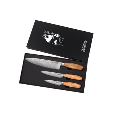 Coffret 3 couteaux chef + office + universel Fujiko manche olivier WUSAKI
