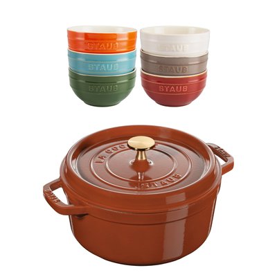 Cocotte en fonte 20 cm, Cannelle + Set bols macaron céramique STAUB