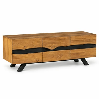 Meuble TV contemporain bois recyclé de teck et bandeau noir laqué 3 portes style moderne 160 cm BARBADE PIER IMPORT