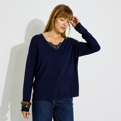 Pull ample col V encolure ajourée GRAIN DE MALICE