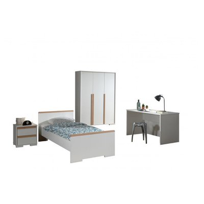 LONDON Lit + Chevet tiroirs + Armoire Portes mat + Bureau mat VIPACK