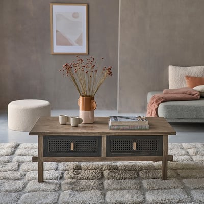 Table basse en bois recyclé massif 110 cm 2 tiroirs  JUNKO BERAH GETAH