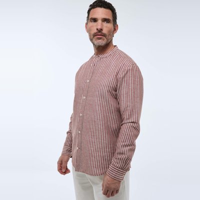 Chemise manches longues col mao rayée en mélange lin et coton MONOPRIX