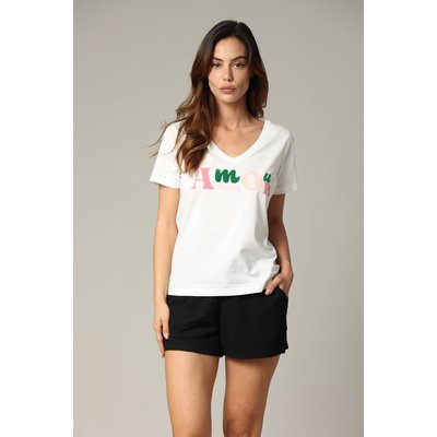 T-shirt femme col v manches courtes avec print flocké "amour" ART DEELUXE
