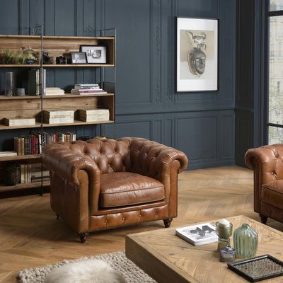 Fauteuil cuir brun Chesterfield 2 roulettes PRESTON PIER IMPORT