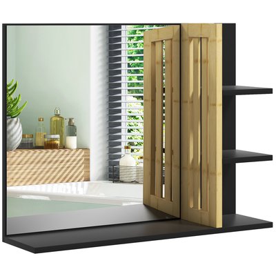 Miroir mural salle de bain - étagères - MDF noir bambou verni HOMCOM